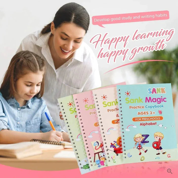 Juego de Cuadernos Mágicos Reutilizables 4 en 1 + 1 Bolígrafo Mágico + 1 Soporte para Bolígrafo + 10 Recambios de Tinta