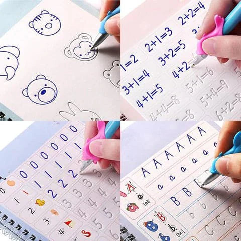 Juego de Cuadernos Mágicos Reutilizables 4 en 1 + 1 Bolígrafo Mágico + 1 Soporte para Bolígrafo + 10 Recambios de Tinta