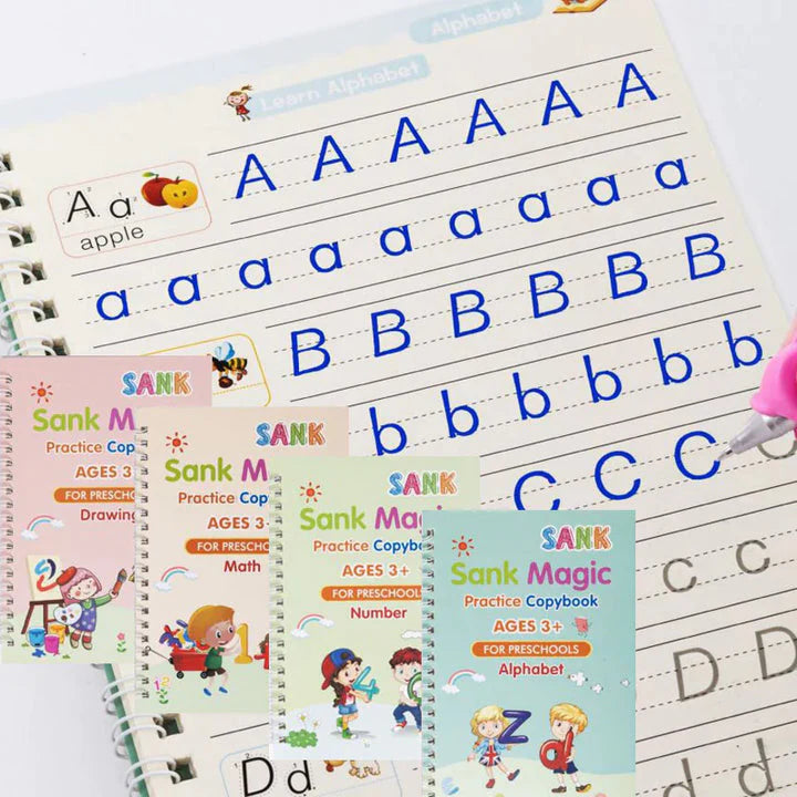 Juego de Cuadernos Mágicos Reutilizables 4 en 1 + 1 Bolígrafo Mágico + 1 Soporte para Bolígrafo + 10 Recambios de Tinta
