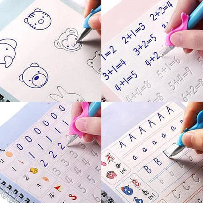 Juego de Cuadernos Mágicos Reutilizables 4 en 1 + 1 Bolígrafo Mágico + 1 Soporte para Bolígrafo + 10 Recambios de Tinta