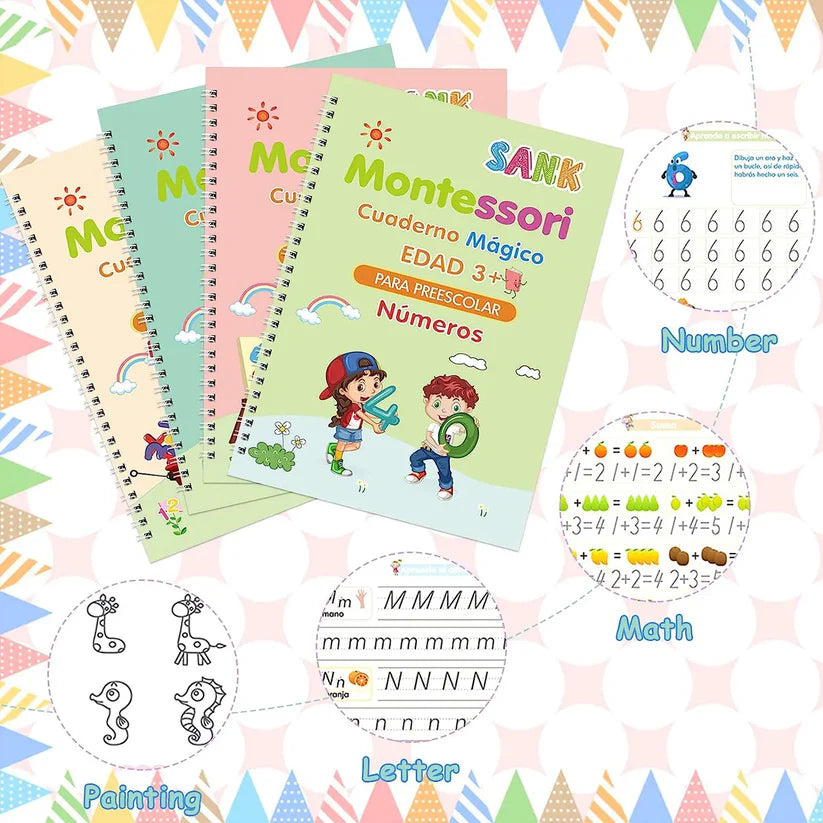 Juego de Cuadernos Mágicos Reutilizables 4 en 1 + 1 Bolígrafo Mágico + 1 Soporte para Bolígrafo + 10 Recambios de Tinta
