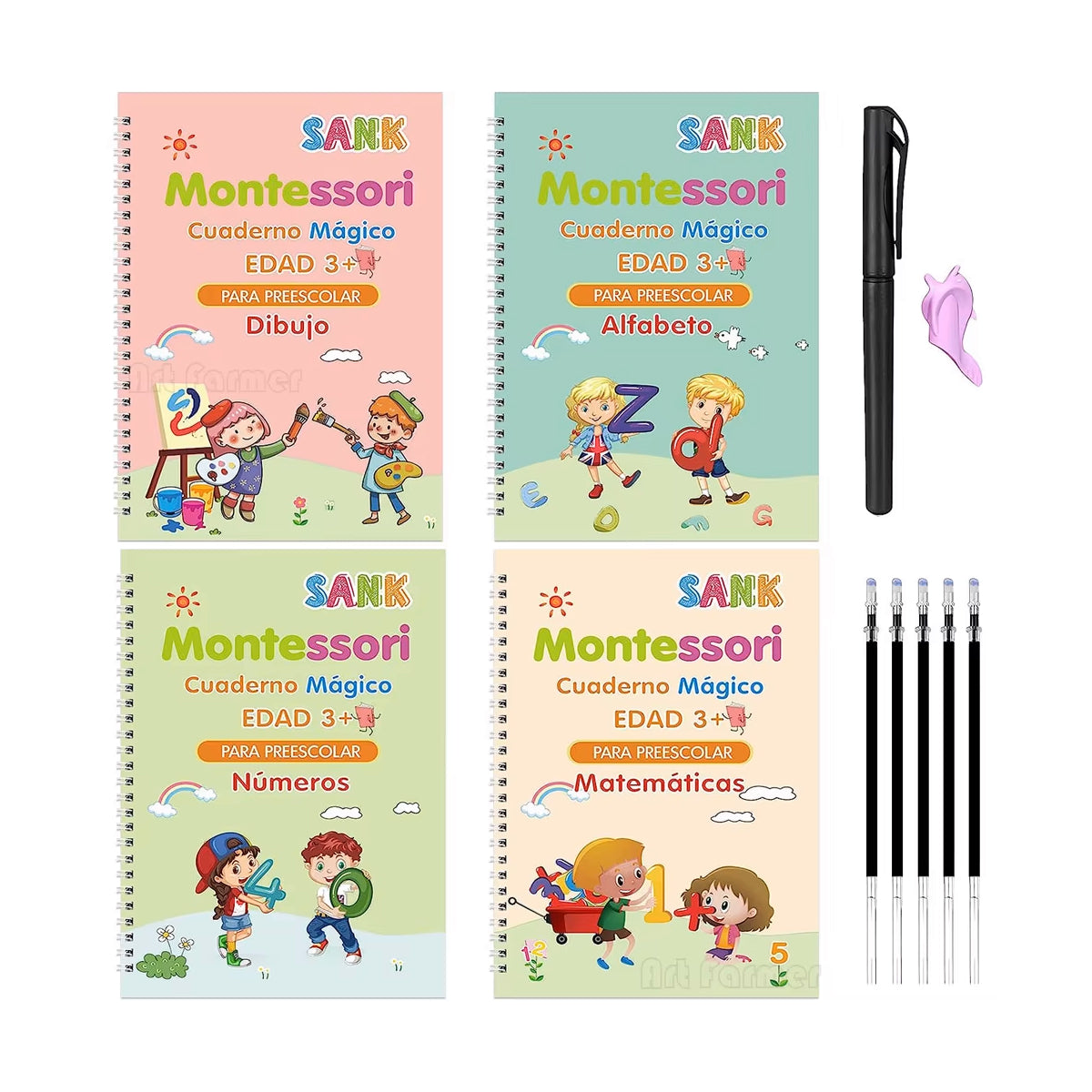 Juego de Cuadernos Mágicos Reutilizables 4 en 1 + 1 Bolígrafo Mágico + 1 Soporte para Bolígrafo + 10 Recambios de Tinta