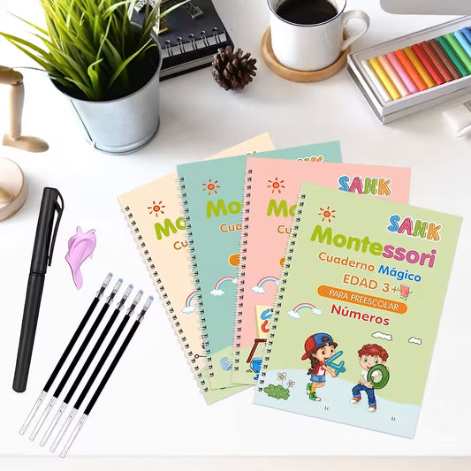 Juego de Cuadernos Mágicos Reutilizables 4 en 1 + 1 Bolígrafo Mágico + 1 Soporte para Bolígrafo + 10 Recambios de Tinta